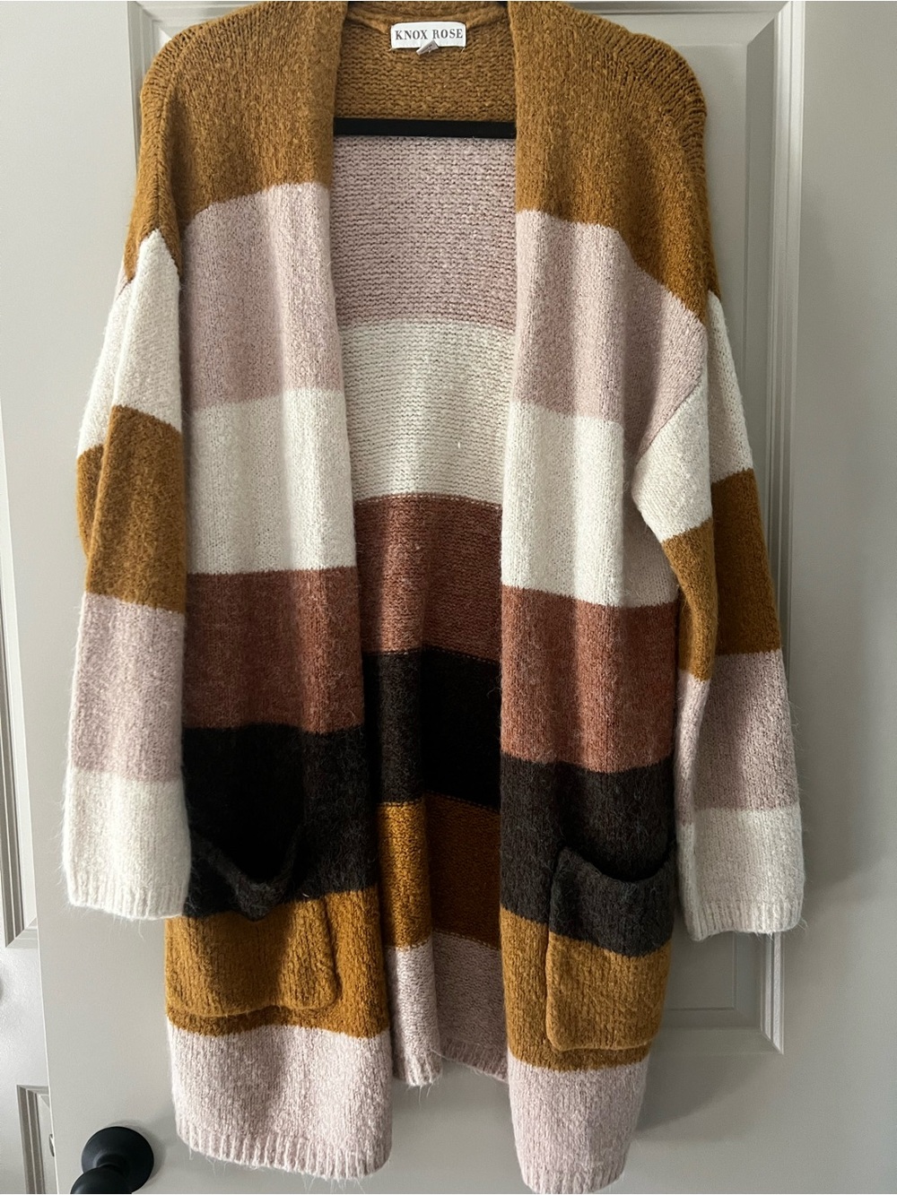 Knox Rose Mustard, Cream & Brown Striped Open-Front Cardigan